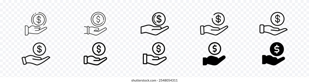 Icono de Ahorra dinero, dinero de sueldo, invertir en finanzas, mano sosteniendo un dólar, mano sosteniendo un ícono de dólar, línea Accesible icono de Vector conjunto. Mano sosteniendo un icono de signo de dólar