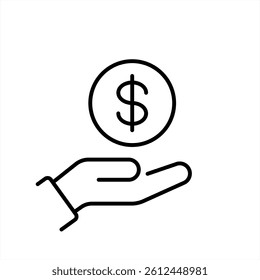 save money icon, salary money, invest finance, hand holding dollar, line symbols on white background, vector 10 eps.