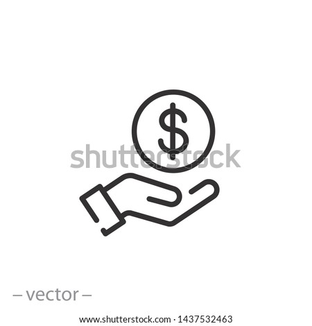 save money icon, salary money, invest finance, hand holding dollar, line symbols on white background -  