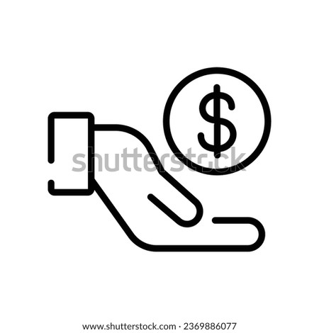 Save money icon, salary money, simple one hand holding dollar coin for donation, pay charity, payment investment. financial wealth Stroke line vector illustration design on white background EPS10