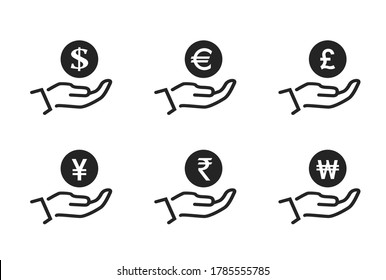 save money icon set. coin on hand. dollar, euro, british pound sterling, japanese yen, indian rupee and korean won money symbol. financial and banking infographic design element svg