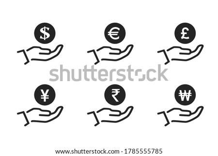 save money icon set. coin on hand. dollar, euro, british pound sterling, japanese yen, indian rupee and korean won money symbol. financial and banking infographic design element