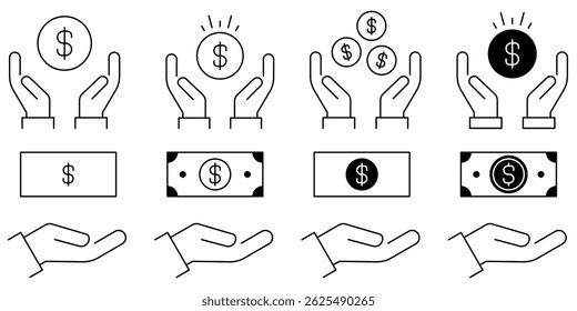 Save Money Icon set. Hand Holding a Dollar Vector Icon in line style design. Donation Symbol on white background. Vector illustration.