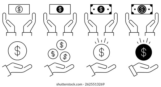Ícone Salvar Dinheiro definido. Mão segurando um ícone de vetor de dólar no design de estilo de linha. Símbolo de Doação. Ilustração vetorial.