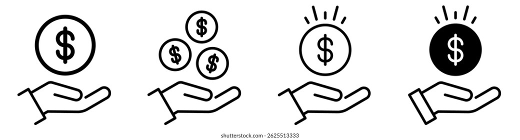 Conjunto de iconos de Ahorra dinero. Mano sosteniendo un ícono de Vector de dólar en diseño de estilo de línea. Símbolo de la donación en el fondo blanco.