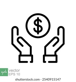 Ícone de economia. Estilo de contorno simples. Salário em dinheiro, investimento financeiro, mão segurando dólar, economia, moeda, conceito de negócios. Símbolo de ilustração de vetor de linha isolado no fundo branco. EPS 10.