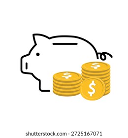 Icono de Ahorra dinero. Pila de monedas de dólar con hucha. Económico, de negocios, simple. Estilo de diseño mixto