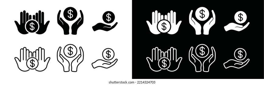 Save money icon vector collection. Money in hand symbol illustration. Hands holding dollar sign silhouette. Salary money, investment money or dollars 