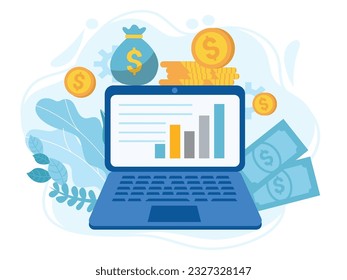 Save money and investment management finance technology. Calculating and analyzing personal or corporate budget, managing financial income. Vector illustration