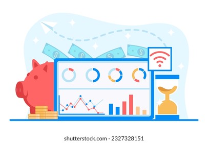 Save money and investment management finance technology. Calculating and analyzing personal or corporate budget, managing financial income. Vector illustration