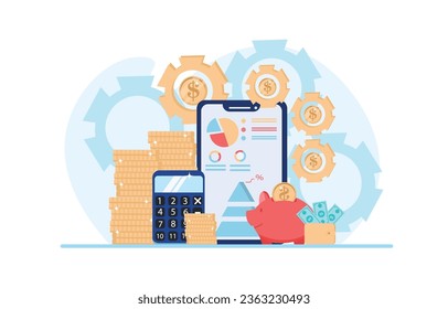 Save money and investment management finance technology. Calculating and analyzing personal or corporate budget, managing financial income. Vector illustration