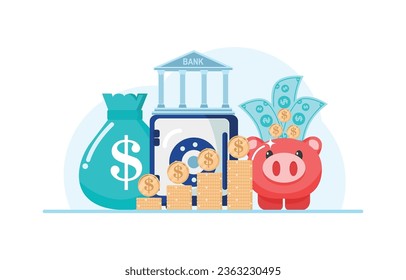 Save money and investment management finance technology. Calculating and analyzing personal or corporate budget, managing financial income. Vector illustration