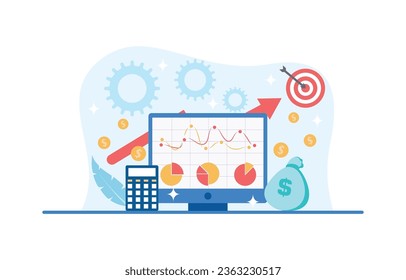 Save money and investment management finance technology. Calculating and analyzing personal or corporate budget, managing financial income. Vector illustration