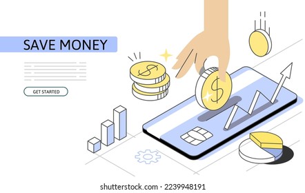 Save money Isometric Concept. Use for web page, banner, infographics. Flat illustration editable line. Hand puts coin in card.