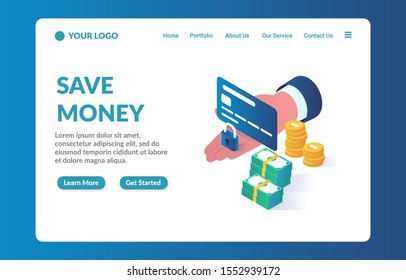 save money isometric website landing page template