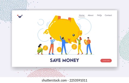 Save Money Landing Page Template. Tiny Characters Shaking Huge Piggy Bank, Concept of Savings, Budget, Finance Invest. People Collecting Money or Taking Cash from Moneybox. Cartoon Vector Illustration