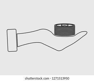 Save money line icon. Coin symbol on hand sign.