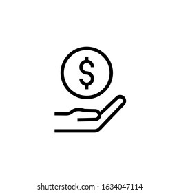 Save money line icon. Hand with dollar financial payment symbol. Price coin salary sign isolated on white background, vector wage illustration editable stroke