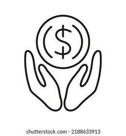 Save money line symbol, Two hand with dollar coin, vector editable stroke icon for user interface.