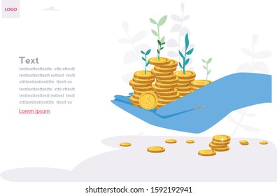 Save money, make money, income. Cash back growth, income statement, Accounting and bookkeeping, hand with golden coin, Rich finance to earning currency, capital concept, Vector illustration
