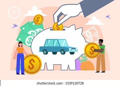 Save money for new car concept. Man and woman stand near big piggy bank with car inside. Poster for social media, web page, banner, presentation. Flat design vector illustration