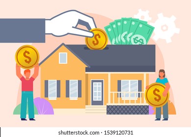 Save money for new house, apartment. Man and woman hold big coins and stand near house. Poster for social media, web page, banner, presentation. Flat design vector illustration