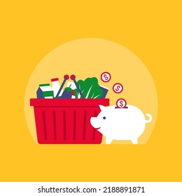 Save money on groceries: full shopping basket and coins falling in a piggy bank