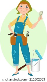 Save money on renovation. Smiling cartoon woman in overalls, with construction tools 