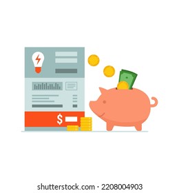 Save money on your electricity bill, piggy bank and utility bill, banner with copy space