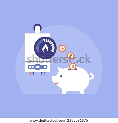 Save money on your heating bill: energy efficient boiler and coins falling in a piggy bank