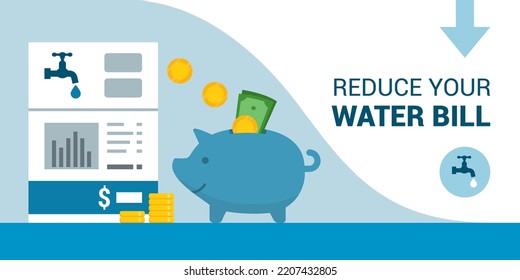 Save money on your water bill, piggy bank and utility bill, banner with copy space