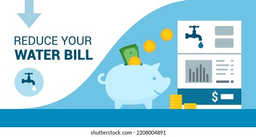 Save money on your water bill, piggy bank and utility bill, banner with copy space