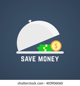save money with open dish. concept of win, fortune, stock, tray, treasure, loan, rich, economics, dividends increase. flat style trend modern logo design vector illustration on dark background