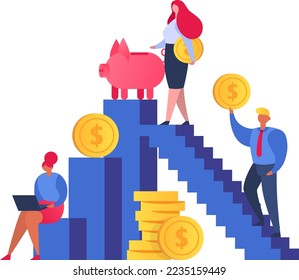 Save money people getting up on stairs to wealth and economy concept flat vector illustration. Golden coins, piggy bank. Save money, investments.