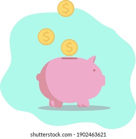Save money in a pink piggy bank White green background