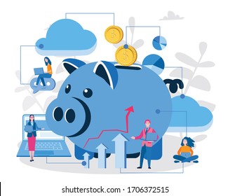 Save money, putting a coin into a piggy bank. Vector illustration for web banner, infographics, mobile. Manage money and finance analytics.