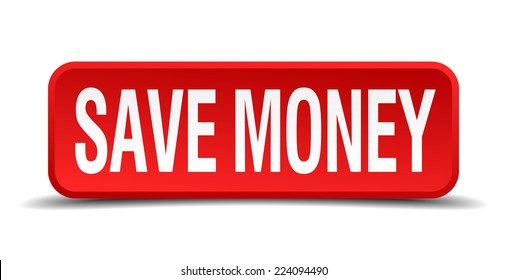 save money red 3d square button isolated on white