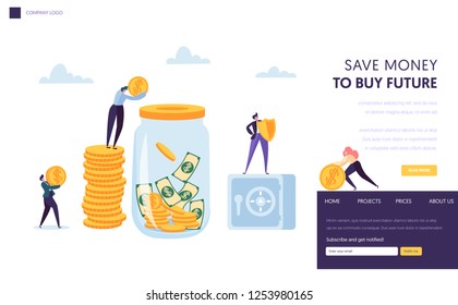 Save Money Safe Landing Page Template. Man putting Dollar Coin into Jar. Financial Secure Concept Banner for Website or Web Page. Flat Cartoon Vector Illustration