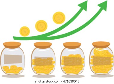 save money and saving dollar coin in jar
