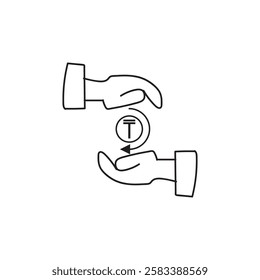 Save money sign Tenge is the monetary unit of Kazakhstan. Hands and coin