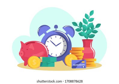 Ahorre dinero, pila de monedas de oro, banco de cerdo, tarjeta de crédito y débito, aislado en la ilustración blanca, plana vectorial. Diseñar financiamiento en efectivo en dólares, alarmas y maceta de flores. Capacitación en alfabetización financiera.