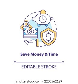 Save money and time concept icon. Payroll processing software benefit abstract idea thin line illustration. Isolated outline drawing. Editable stroke. Arial, Myriad Pro-Bold fonts used