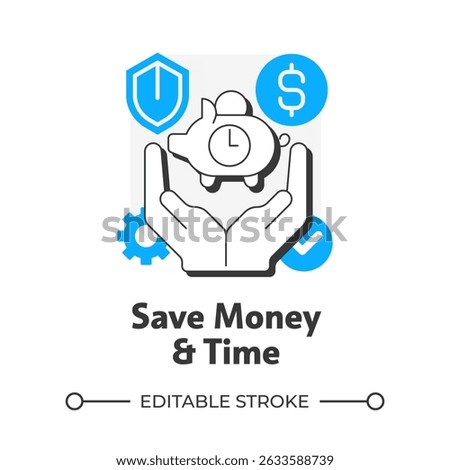 Save money and time flat outline concept icon. Payroll processing software benefit. Accounting digitization solutions. Modern line illustration with blue glyphs. Conceptual visual. Easy to edit