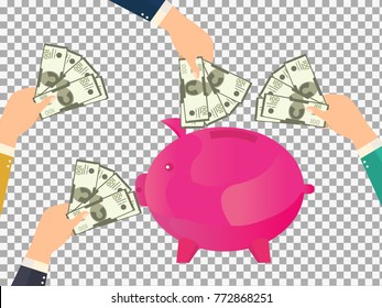 Save money vector concept flat design on transparent background. man hand putting cash into money box. Pig money box. -stock vector