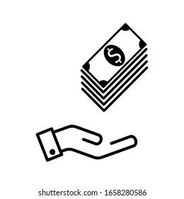 icono del vector de ahorro, dinero salarial, inversión financiera, mano de dólar, en fondo blanco. Pasos 10