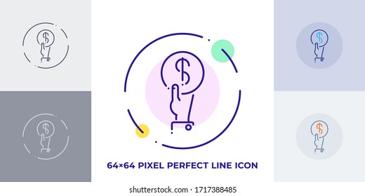 Icono de vector de dinero, salario, inversión financiera, mano en dólares, símbolo de arte de línea