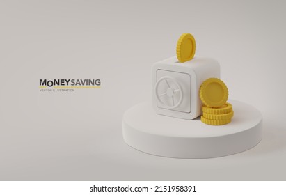 Save money vector illustration. Financial economics web banner template. Safe box with golden coins 3d rendering cartoon illustration on light background. 