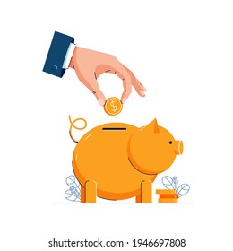 Save or Save Up Money vector illustration. Hand is putting coin into the piggy bank for saving money. Financial services, savings account, money management business concept. Flat style