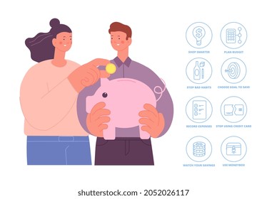 Save money ways. Cost saving infographic, savings finance. Budget planning, pig saved cash. Salaries plan and money management utter vector concept