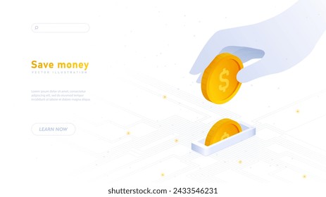 Save money white poster. Hand with golden coins. Investing and trading. Budgeting and accounting. Financial literacy and pasive income. Landing webpage design. Neon isometric vector illustration